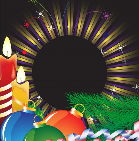 Candles and decorations on the background of Christmas tinsel and fir branchesのイラスト素材