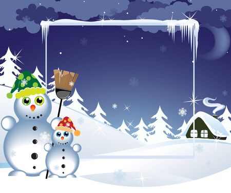 Two snowmen in the bright hats near a lonely hutのイラスト素材