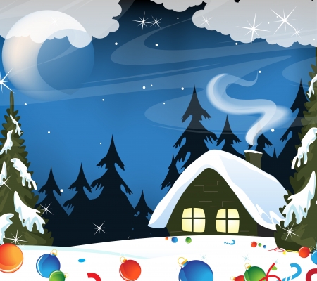 Small snow covered hut and lost Christmas decorationsのイラスト素材