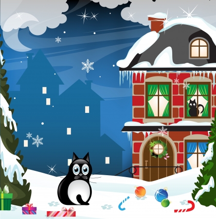 Fat black cat sitting in the snow in the middle of Christmas giftsのイラスト素材