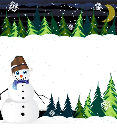 Snowman with a bucket in a snow covered pine forest.  のイラスト素材