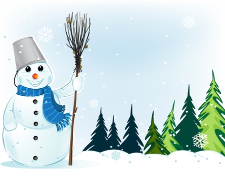 Snowman with a broom in a  pine forest. Winter Landscape.のイラスト素材