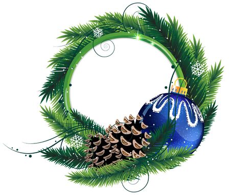 Christmas wreath with blue bauble and pine cones on a white backgroundのイラスト素材