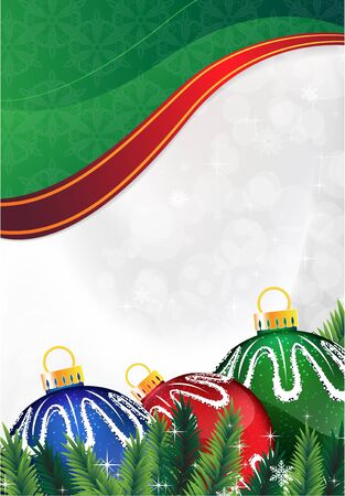 Blue, green and red Christmas baubles on abstract green backgroundのイラスト素材