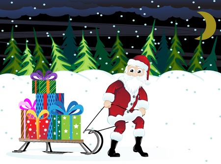 Santa Claus with sledge and Christmas presents in a night winter forestのイラスト素材