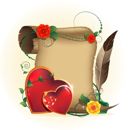 Two shining hearts with a floral pattern, parchment, inkwell and feather  Valentines Day romantic card のイラスト素材