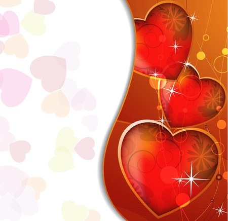 Three hearts with a gold rim on the wavy red and white backgroundのイラスト素材
