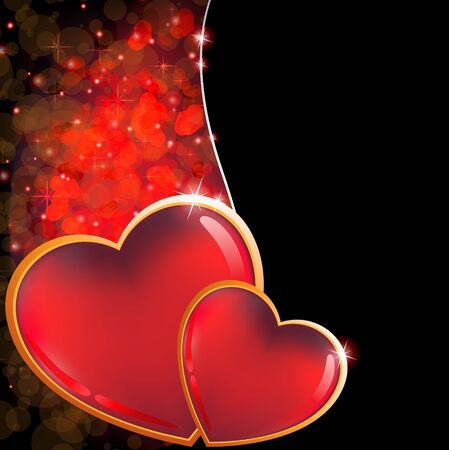 Two shining hearts in a gold frame on a wavy dark background  Valentineのイラスト素材