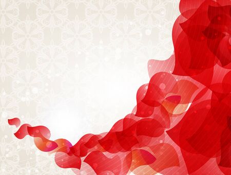 Transparent red petals on a beige background with abstract patternのイラスト素材