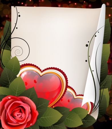 Valentine hearts, rose and parchment on a sparkling backgroundのイラスト素材