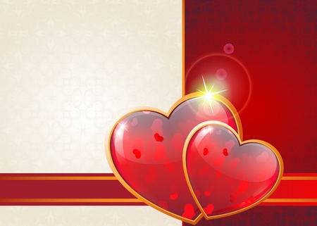 Sparkling Valentine hearts with ribbon on a beige and red background のイラスト素材