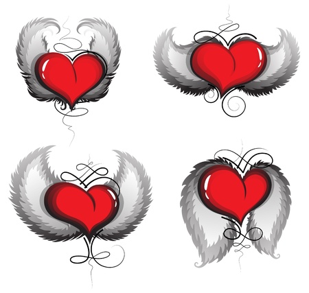 Valentine hearts with wings and vintage pattern on a white background. Valentine's Day iconsのイラスト素材
