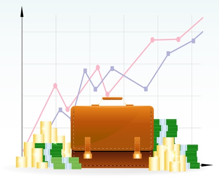 Huge money pile and  briefcase on  the currency chart  backgroundのイラスト素材