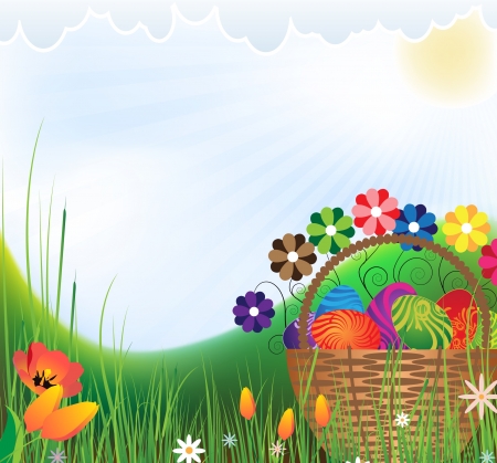 Basket with Easter eggs on flowering meadowのイラスト素材