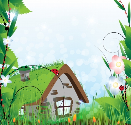 Small  house with a sod roof on a meadow with blooming tulipsのイラスト素材