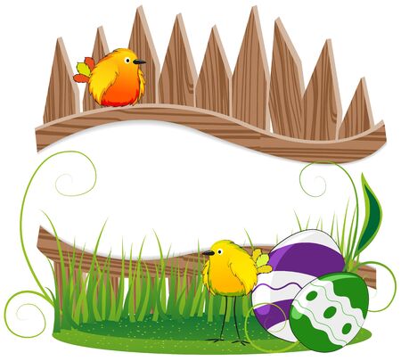 Funny birds with Easter eggs on the background of the wooden fenceのイラスト素材