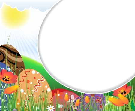 Huge colored eggs on the sunny meadow. Easter frame.のイラスト素材