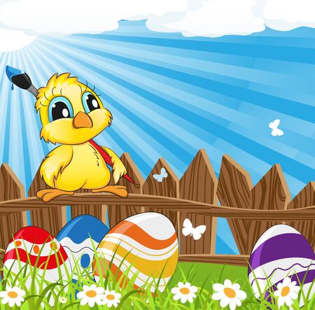 Chicken with a brush and painted Easter eggsのイラスト素材