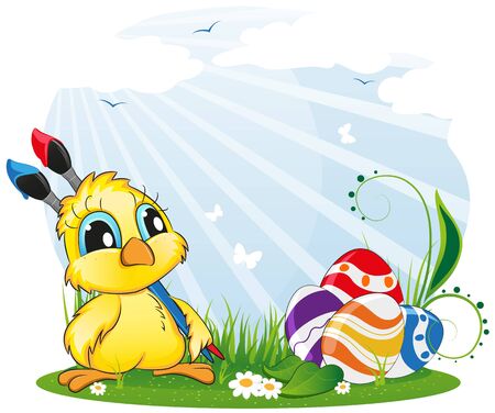Cartoon chicken with paintbrushes and Easter eggs on spring meadowのイラスト素材