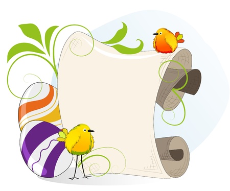 Bright little birds and Easter eggs on the background of parchmentのイラスト素材