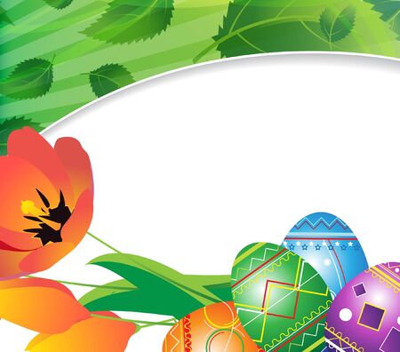 Painted eggs and a bouquet of tulips  Easter background のイラスト素材