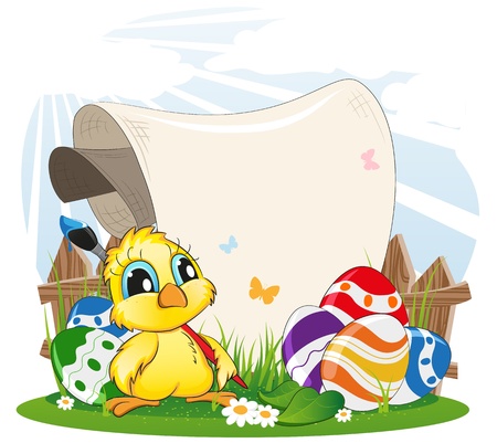 Cartoon chicken with paintbrush and Easter eggs on spring meadowのイラスト素材