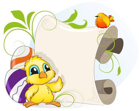 Cartoon chicken and little bird on a background of Easter eggs and parchmentのイラスト素材