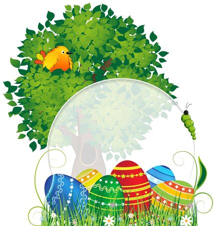 Easter eggs in the grass under a tree with birds  Abstract cartoon illustration with place for textのイラスト素材