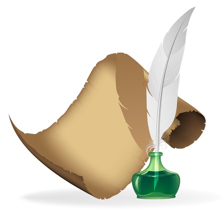 Ancient scroll, feather and inkwell on a white backgroundのイラスト素材