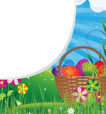 Basket filled with colorful eggs on the spring meadowのイラスト素材