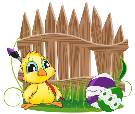 Cartoon chicken with Easter eggs on the background of the wooden fenceのイラスト素材
