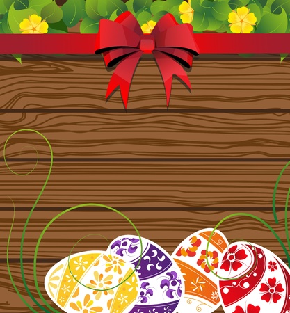  Easter eggs on the wooden fence background with  bow and flowersのイラスト素材