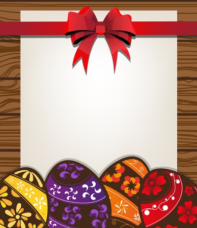  Easter eggs on the wooden fence background with sheet of paperのイラスト素材
