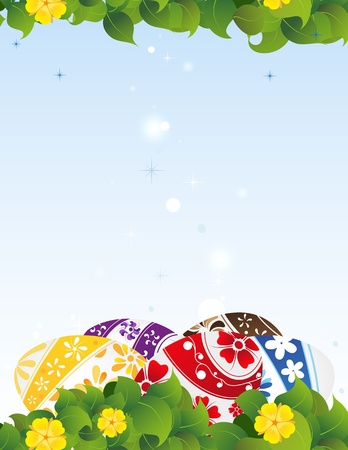 Easter eggs and yellow flowers on a blue backgroundのイラスト素材