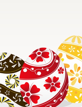 Red, yellow and brown Easter eggs with floral pattern on a gray backgroundのイラスト素材