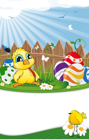 Chicken with a brush and painted Easter eggsのイラスト素材