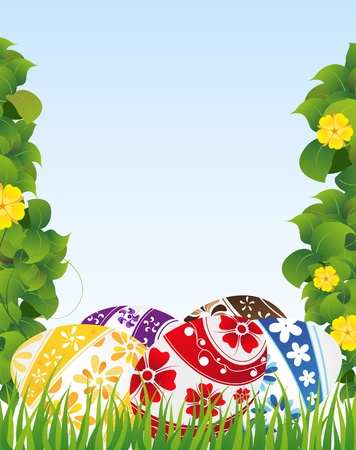 Easter eggs and yellow flowers on a blue backgroundのイラスト素材