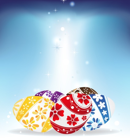 Easter eggs with bright floral pattern on blue shining backgroundのイラスト素材
