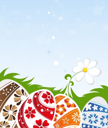 Easter eggs with floral pattern on a green meadowのイラスト素材