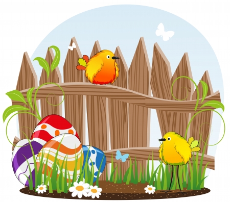 Funny birds with Easter eggs on the background of the wooden fenceのイラスト素材