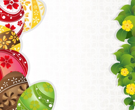 Multi-colored Easter eggs and yellow wildflowers on a beige backgroundのイラスト素材