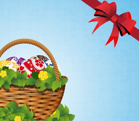 Basket with Easter eggs and bow on a blue backgroundのイラスト素材