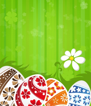  Easter eggs and flowers on abstract green backgroundのイラスト素材