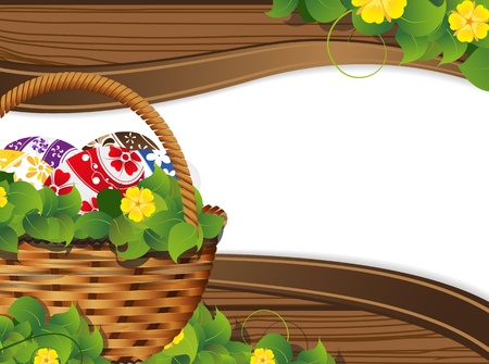 Easter Basket on the wooden fence background with place for text のイラスト素材