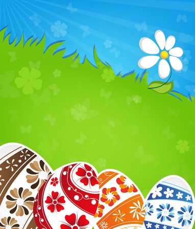 Painted Easter eggs and flower on a green meadowのイラスト素材