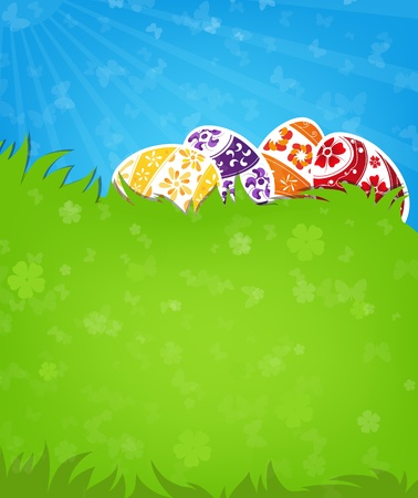 Painted Easter eggs on a green meadowのイラスト素材