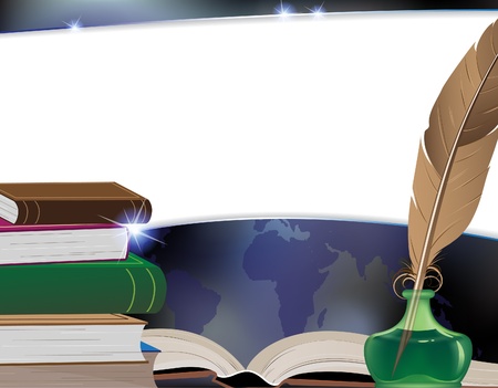 Ancient books, feather, inkwell and travel mapのイラスト素材