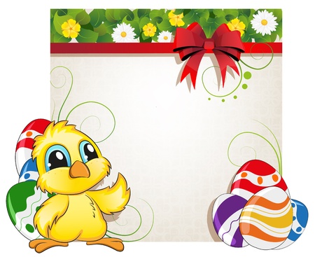 Chicken and Easter eggs on background with  bow and flowersのイラスト素材
