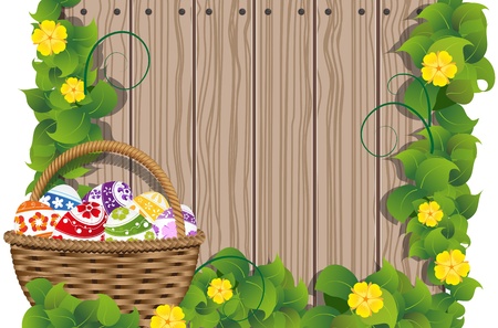  Basket with Easter eggs on the wooden fence backgroundのイラスト素材