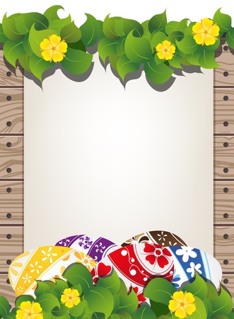 Painted eggs on the wooden fence background with sheet of paper and flowersのイラスト素材